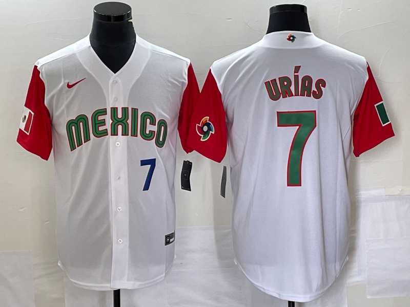 Men's Mexico Baseball #7 Julio Urias Number 2023 White Red World Classic Stitched Jersey49